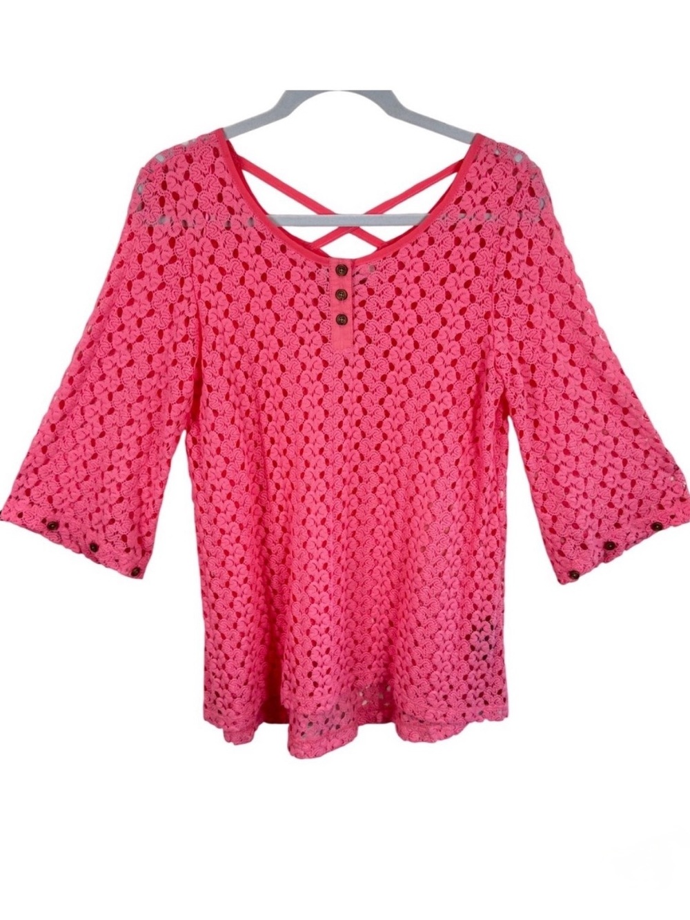 Simply Noelle Pink Crochet Lace Boho Top 3/4 Sleeve Criss Cross Back‎ S/M 8-10